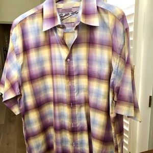 Bugatchi Uomo Purple Plaid & Yellow Short Sleeve Button Down Shirt